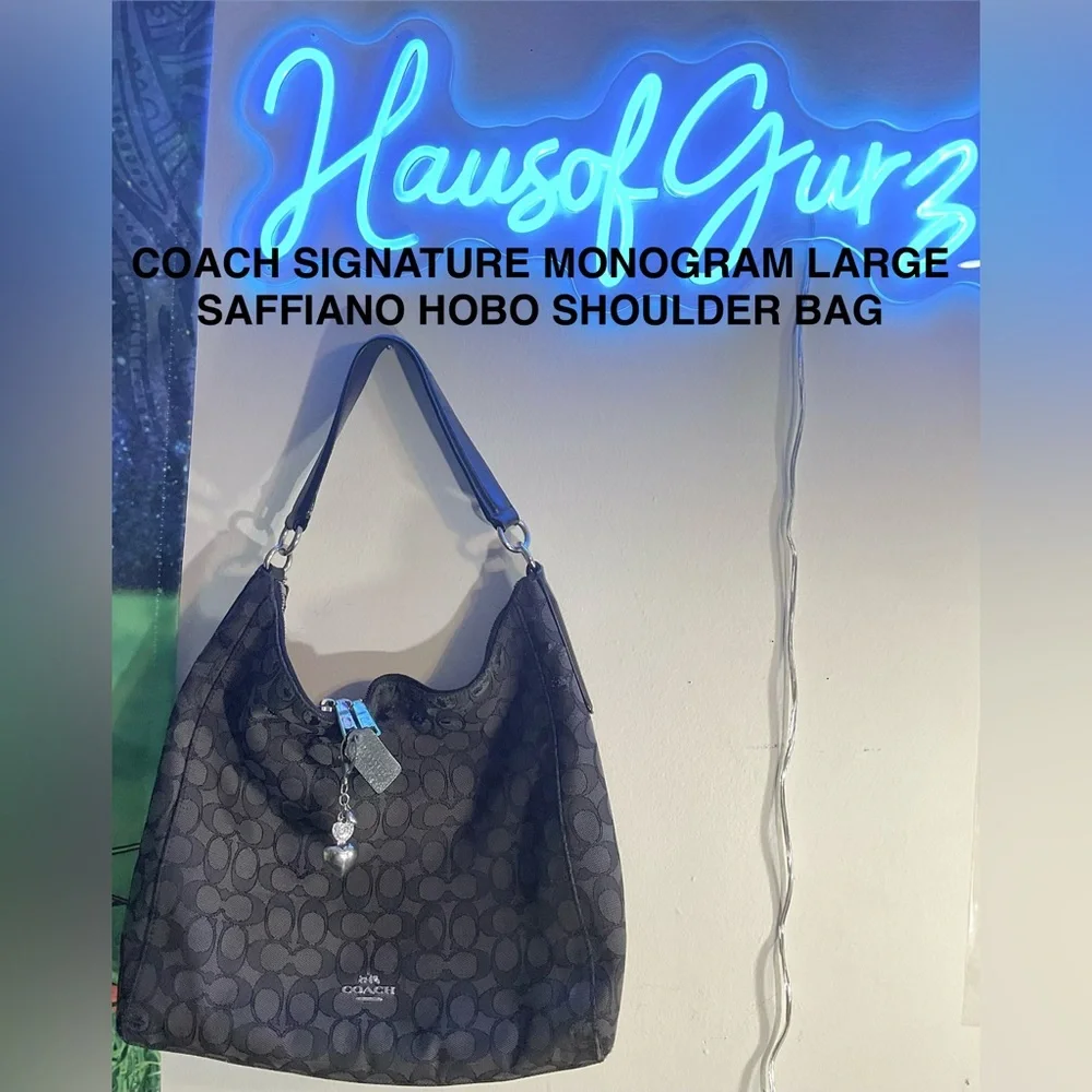 Coach Signature Monogram Large Saffiano Hobo Shoulder Used Bag